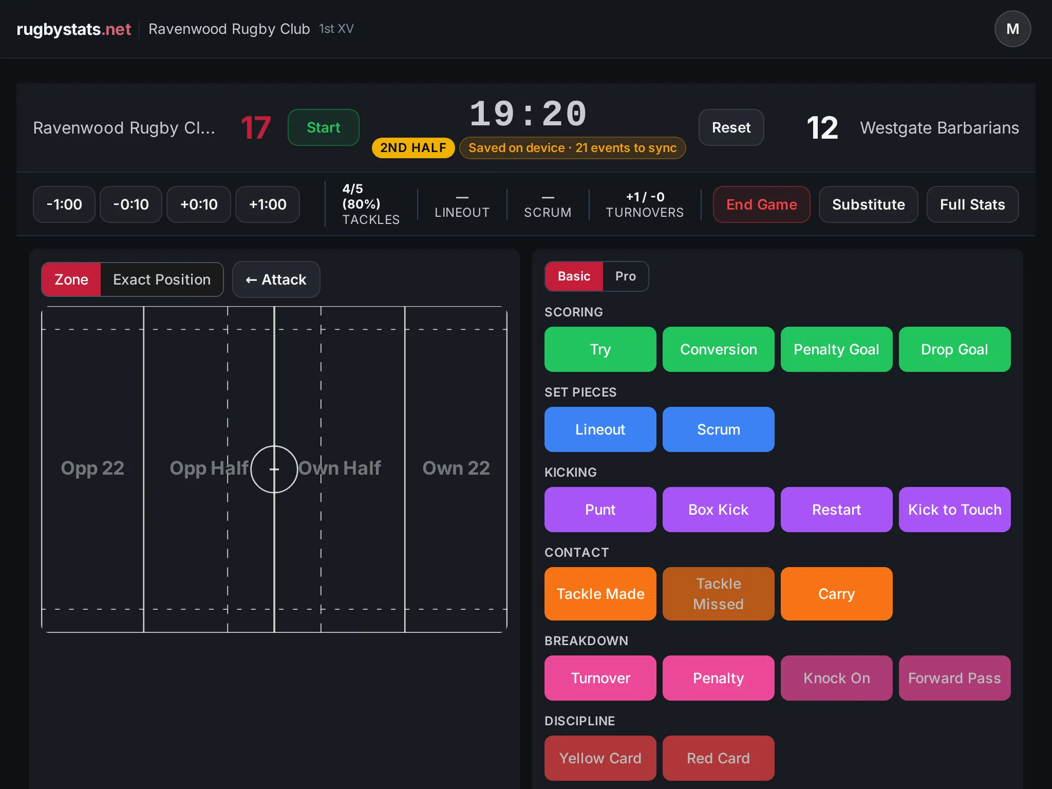 Live match charting in RugbyStats: event buttons, game clock, and score on a tablet