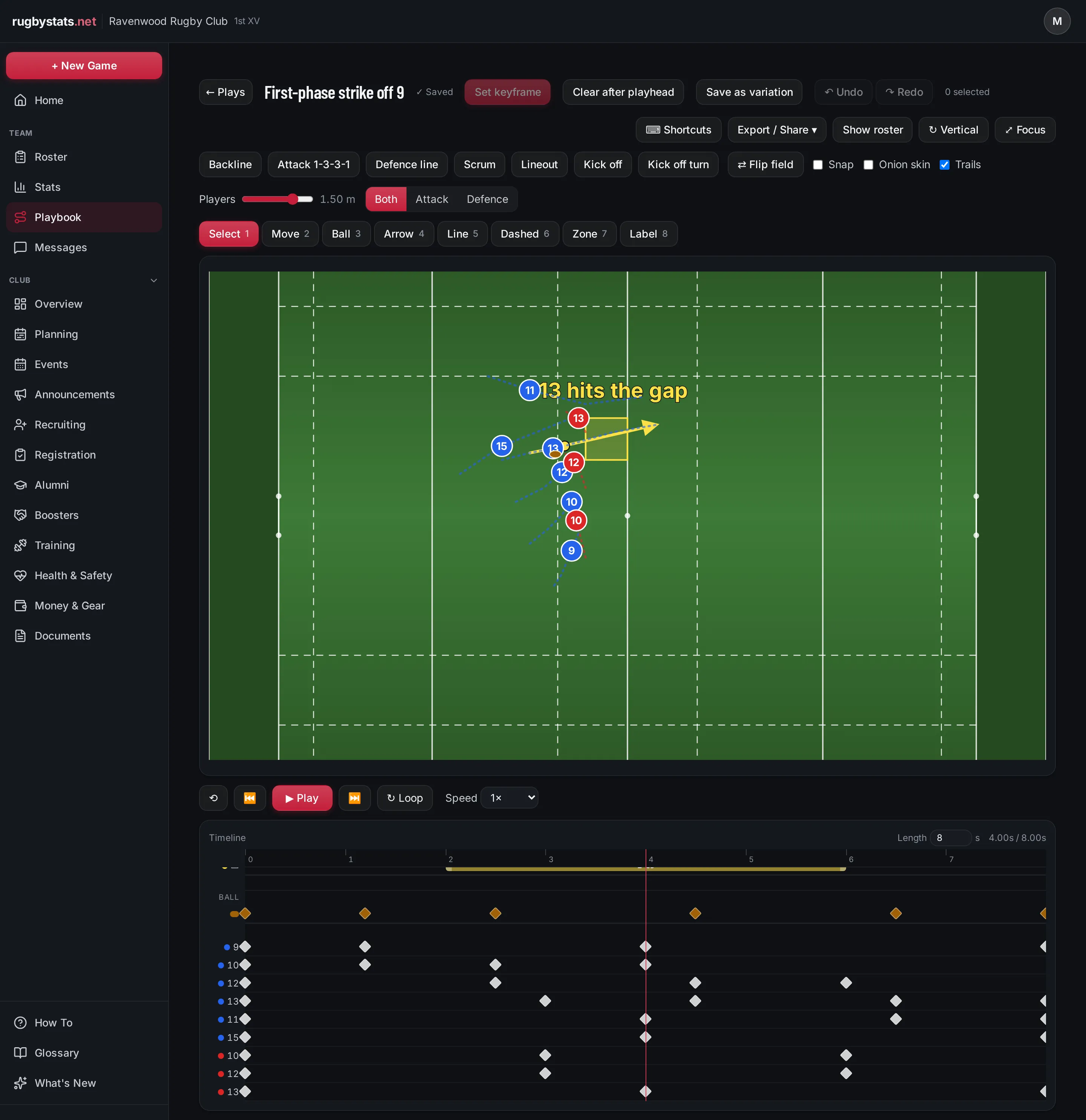 The RugbyStats play designer: an animated play with player paths and a keyframe timeline