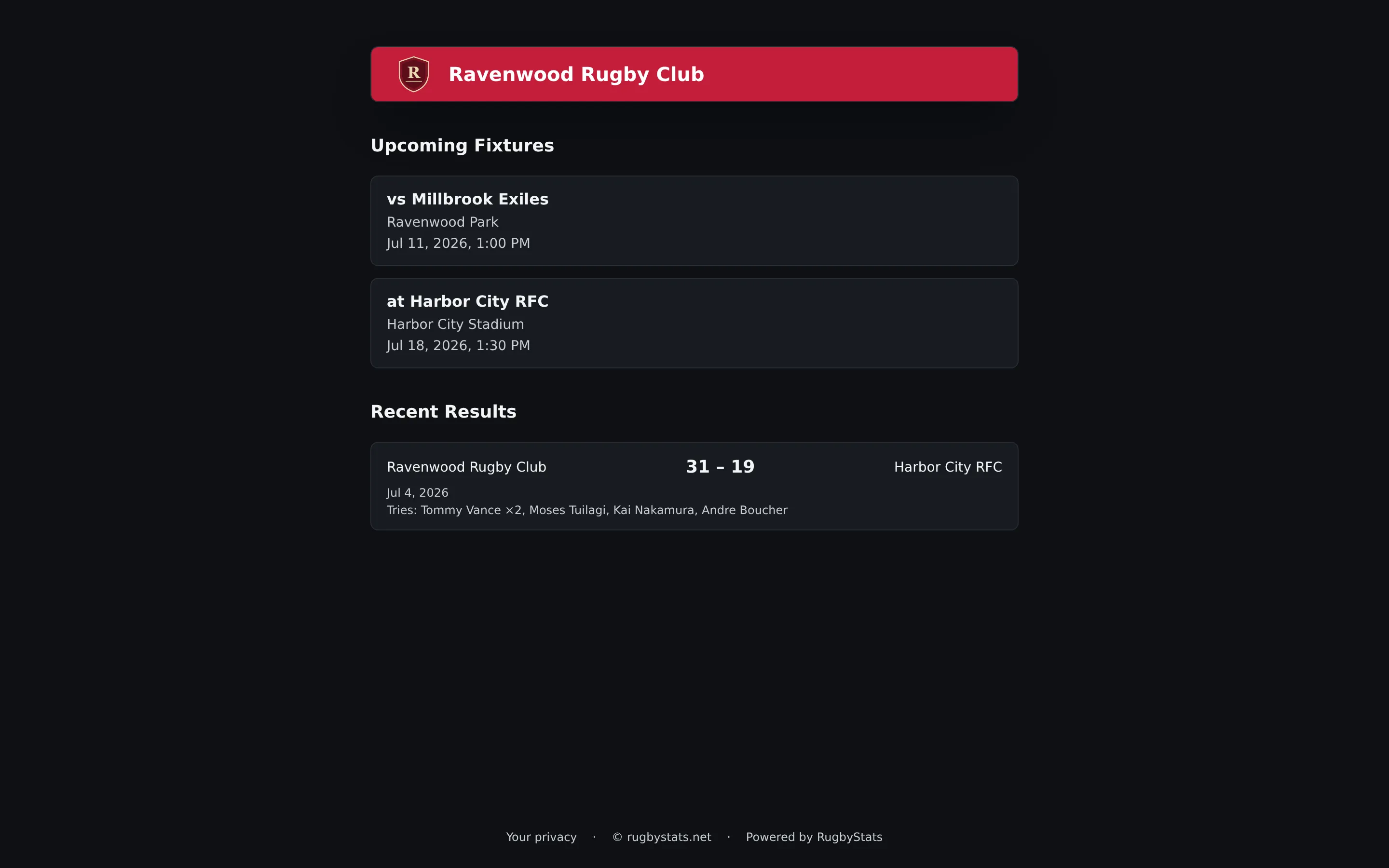 A public RugbyStats club page with upcoming fixtures and try scorers