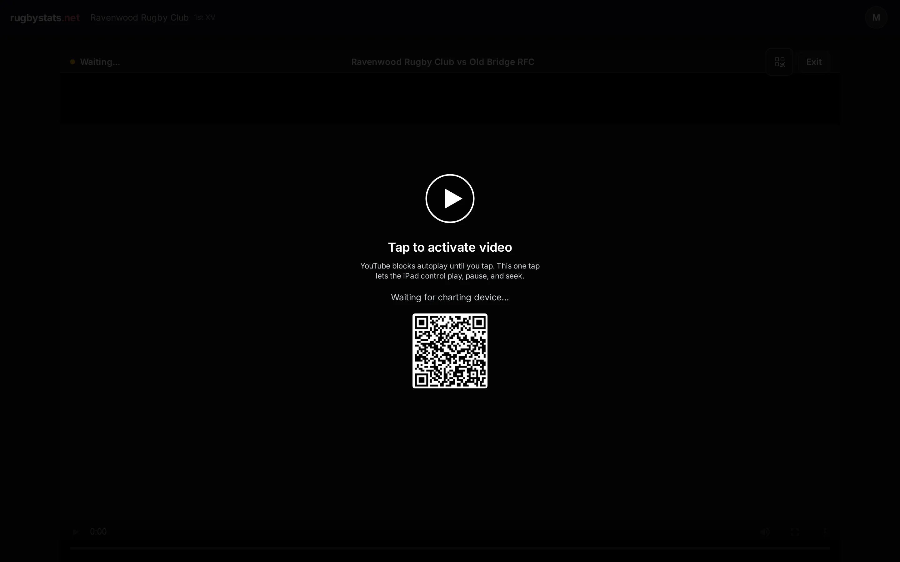 QR pairing screen for synced match video on a laptop